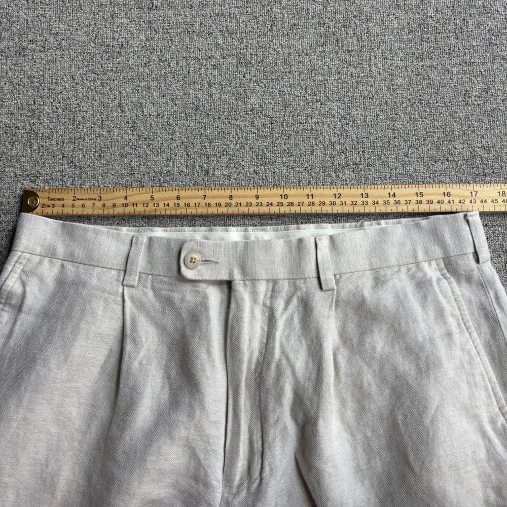 Cubavera Linen Pants Mens 34x28 Pleated Herringbone Beige Relaxed Wide Leg